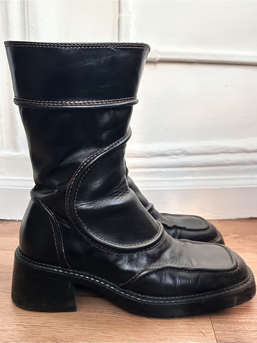 Miista Black Leather Mid-Calf Heeled Boots